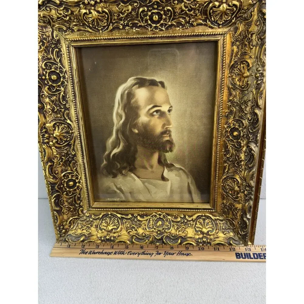 Vintage Jesus Portrait Print Ornate Gold Frame Christian Religious Wall Art
